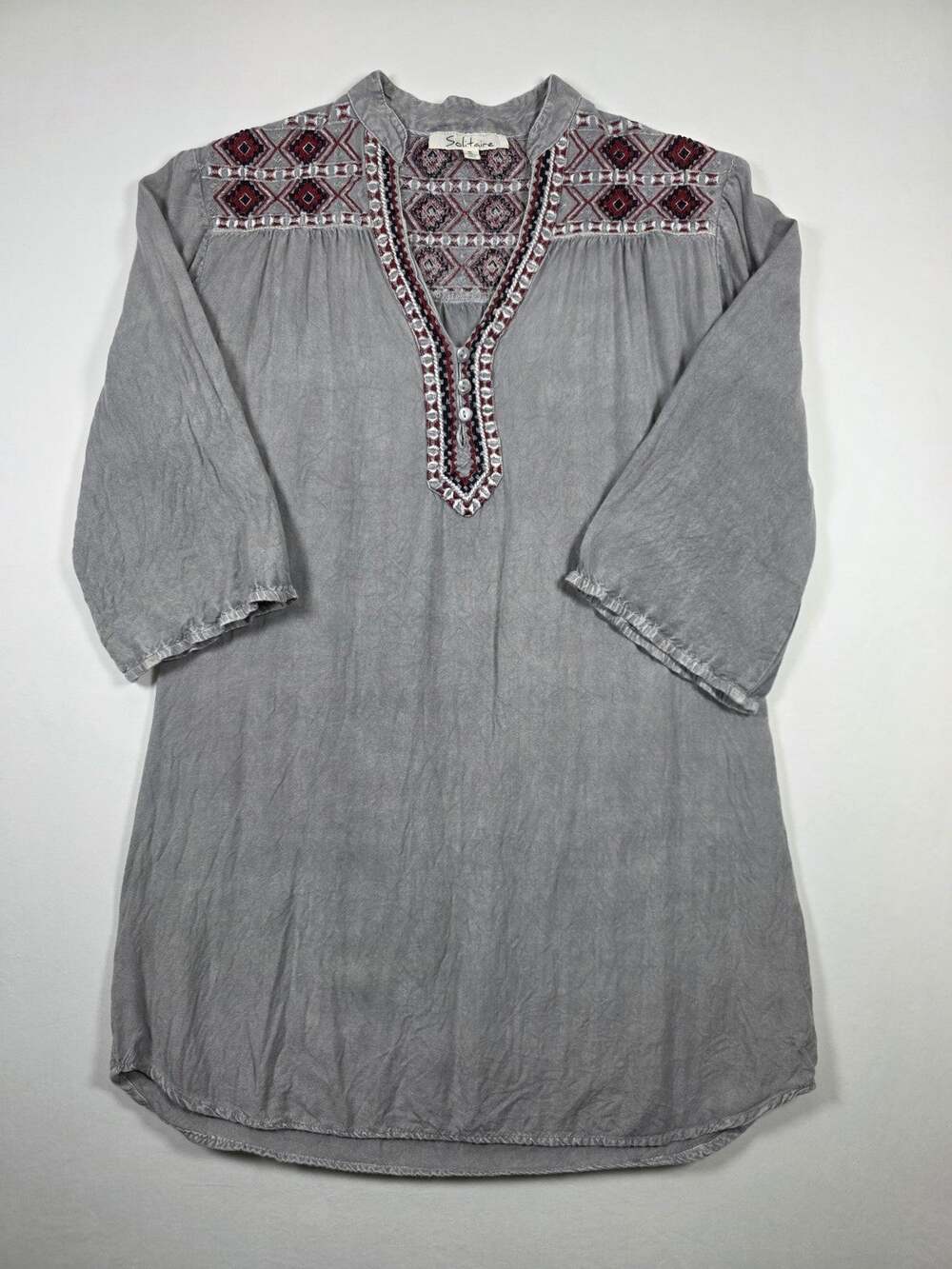 Solitaire Anthropologie Gray Embroidered Tunic Blouse Womens S Boho Casual